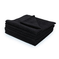 Stack of 6 black microfiber towels on a white background.