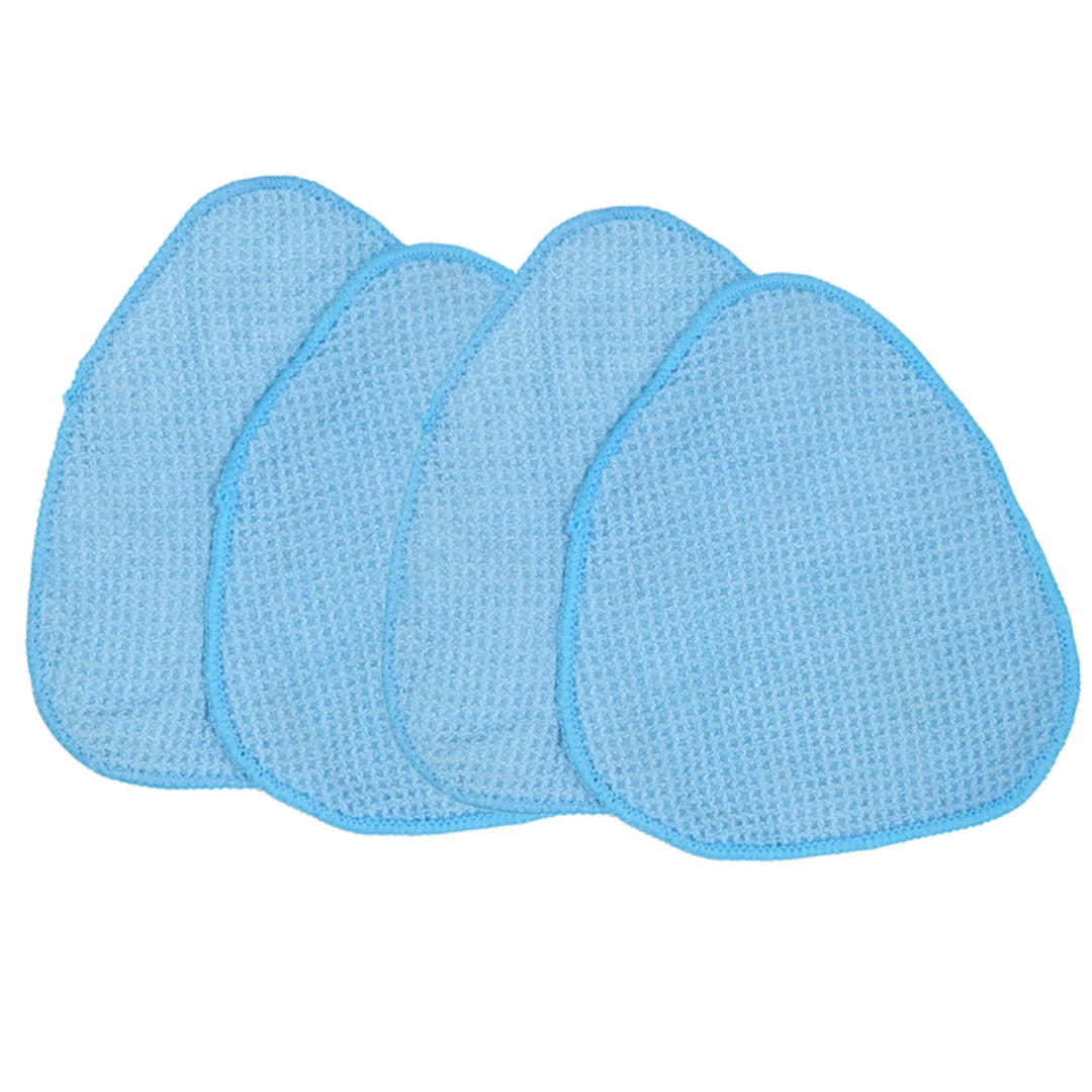 Four light blue triangular microfiber cleaning cloths arranged in a row on a plain white background.