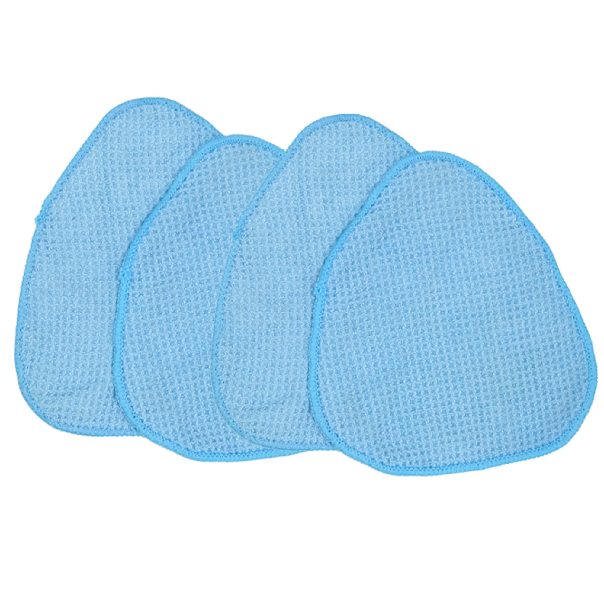 Four light blue triangular microfiber cleaning cloths arranged in a row on a plain white background.