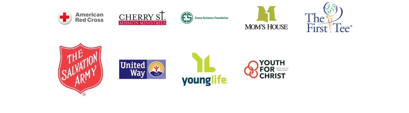 Logos of various organizations including American Red Cross, Cherry Street, and The First Tee on a white background.