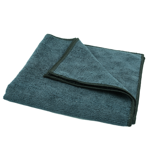 Folded gray microfiber towel on a white background