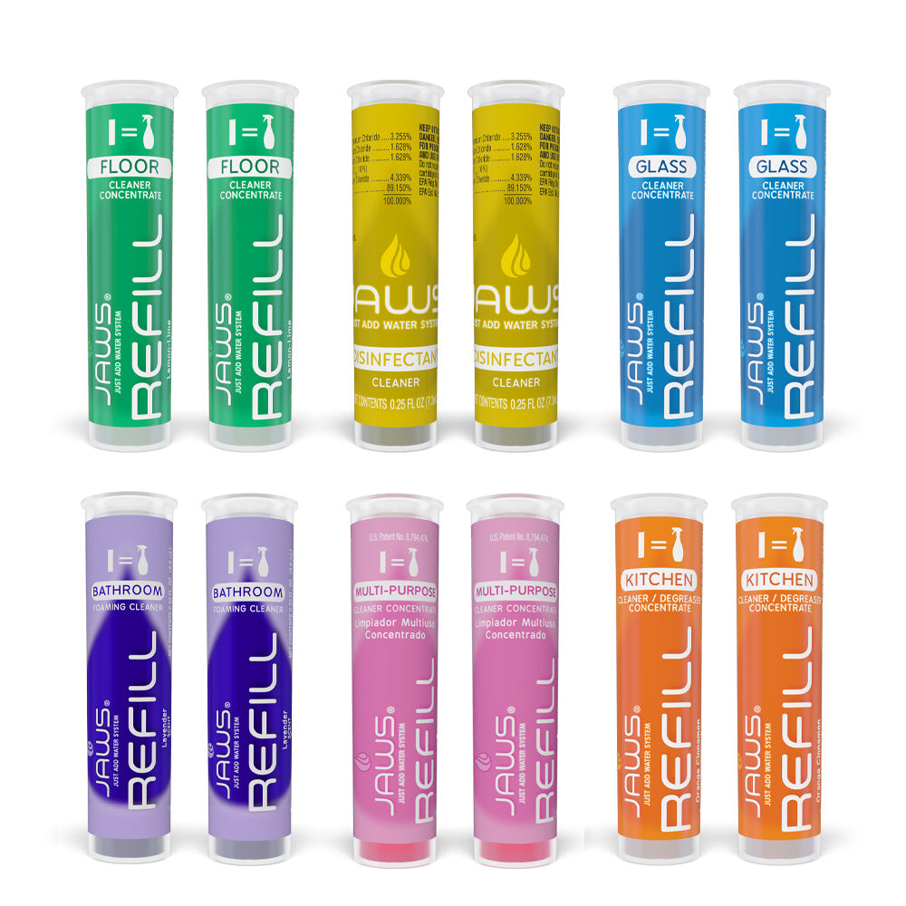 Twelve Jaws Refill pods arranged in two rows of six on a white background. There are 2 pods of each color including green, yellow, blue, purple, pink, and orange, each labeled with the Jaws specific product name such as floor, glass, bathroom, kitchen, and multi-purpose.