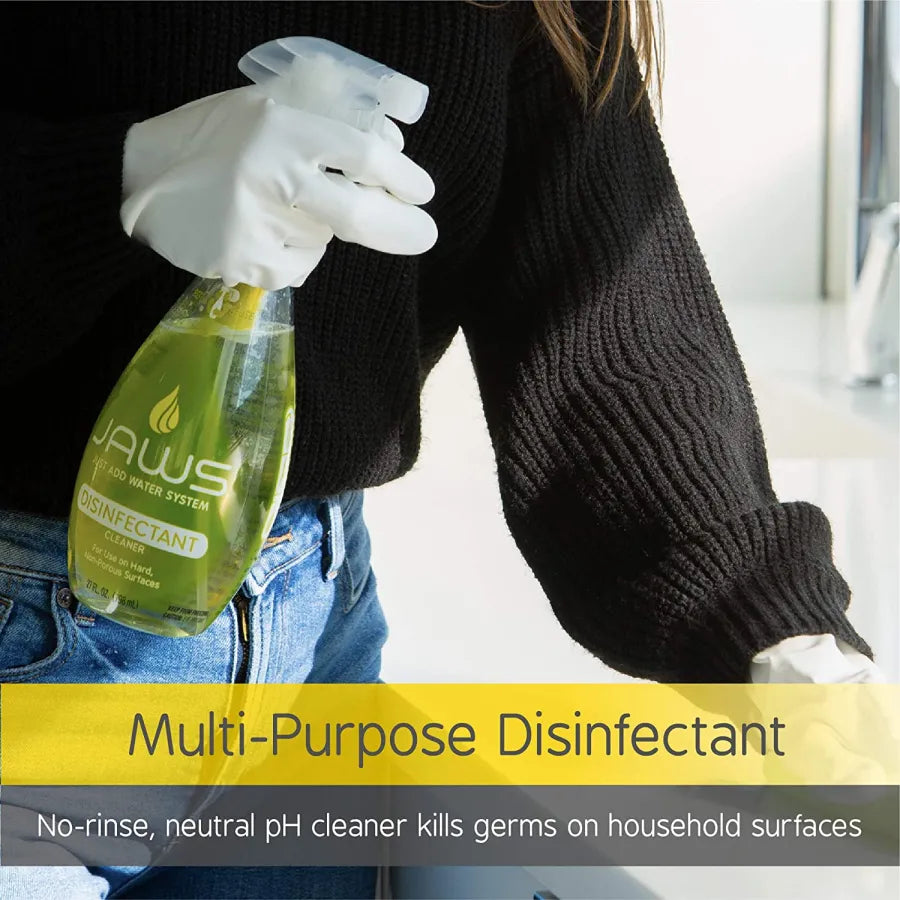Person holding a bottle of JAWS Disinfectant Cleaner with text about features including 'No-rinse, neutral pH cleaner kills germs on household surfaces'.