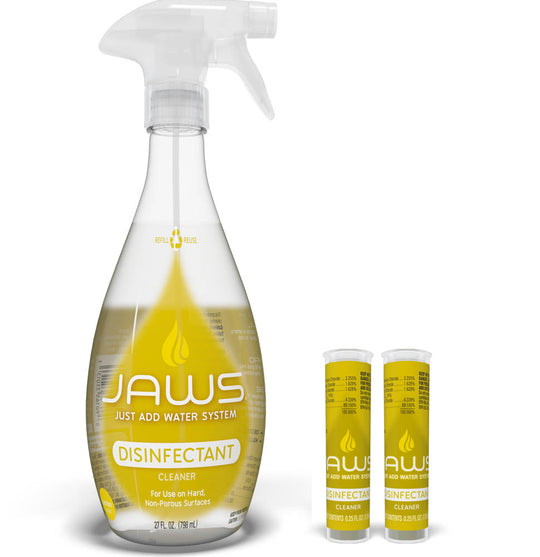 JAWS Disinfectant Starter kit - bottle and 2 refill pods on white background.