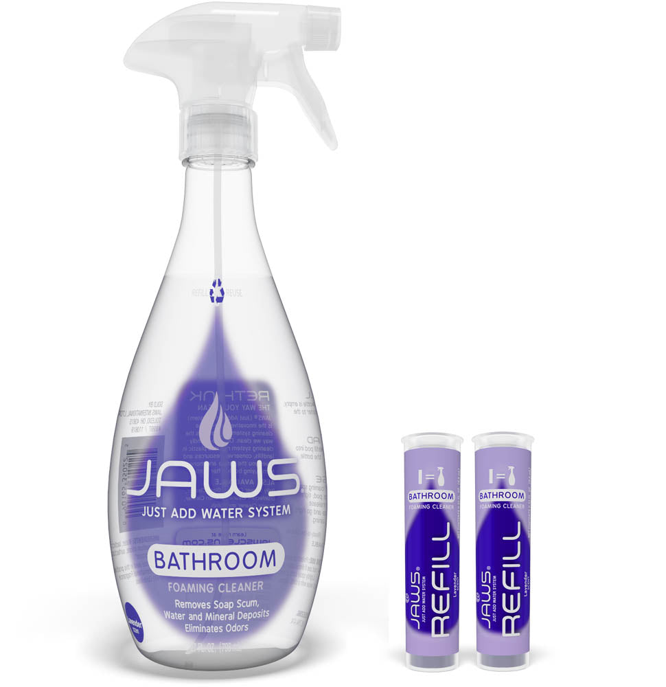JAW Bathroom Starter kit with Bottle and 2 refill pods on white background