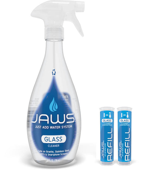 Glass Cleaner Starter kit, Bottle and 2 refill pods on white background