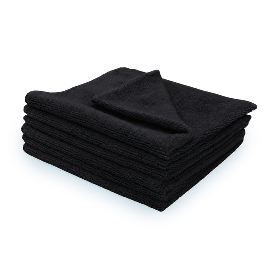 Stack of 6 black microfiber towels on a white background.