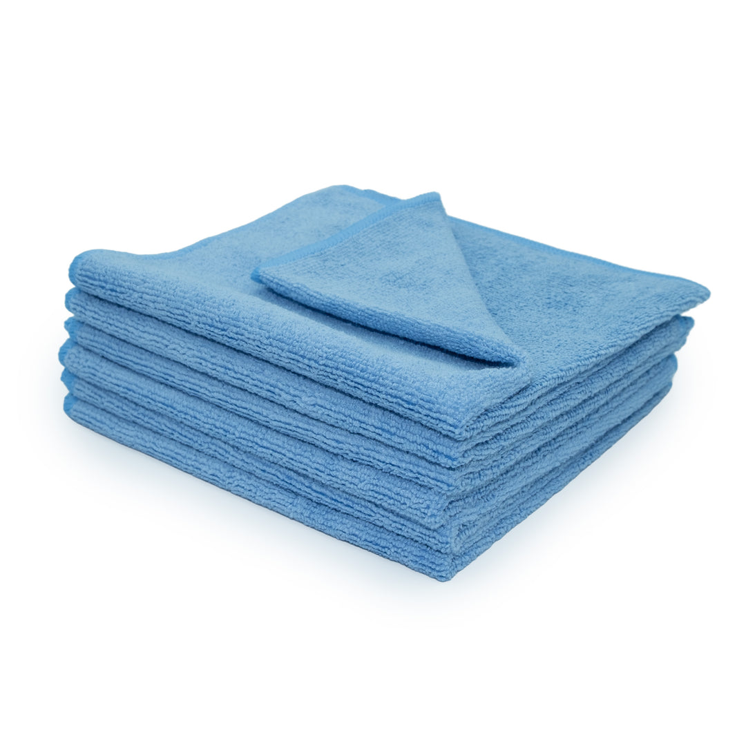 Stack of 6 blue microfiber towels on a white background.