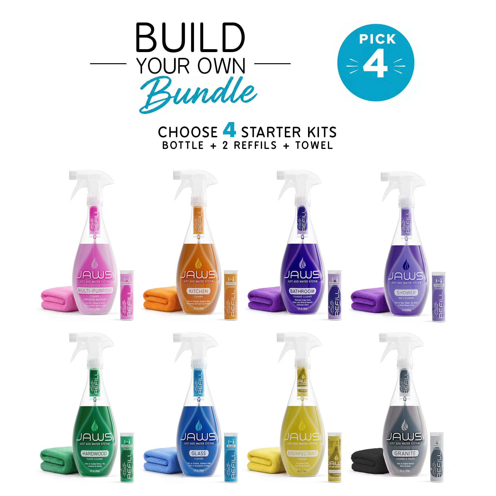 Collection of eight JAWS cleaning products with text promoting building a bundle.
