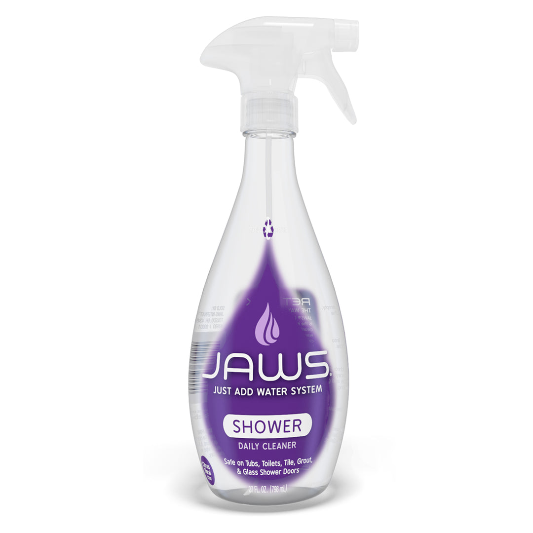 Clear empty JAWS Daily Shower spray bottle with sprayer.