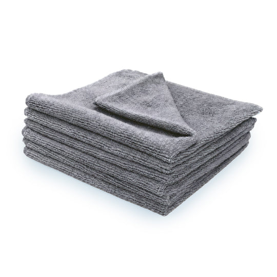 Stack of 6 gray microfiber towels on a white background.