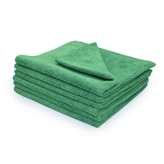 Stack of 6 green microfiber towels on a white background.
