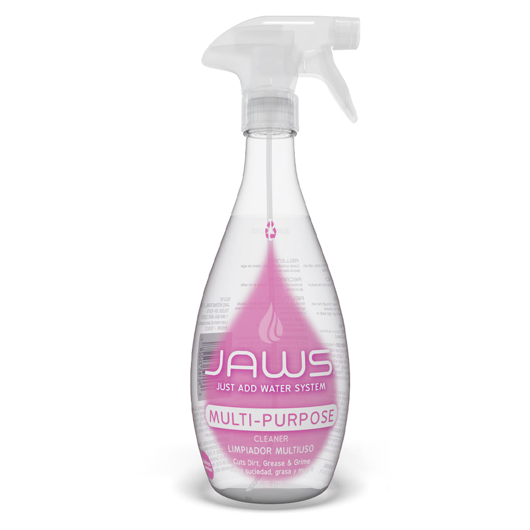 Clear empty JAWS Multi-Purpose spray bottle with sprayer.