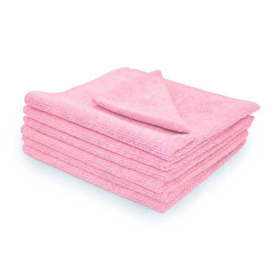 Stack of 6 pink microfiber towels on a white background.