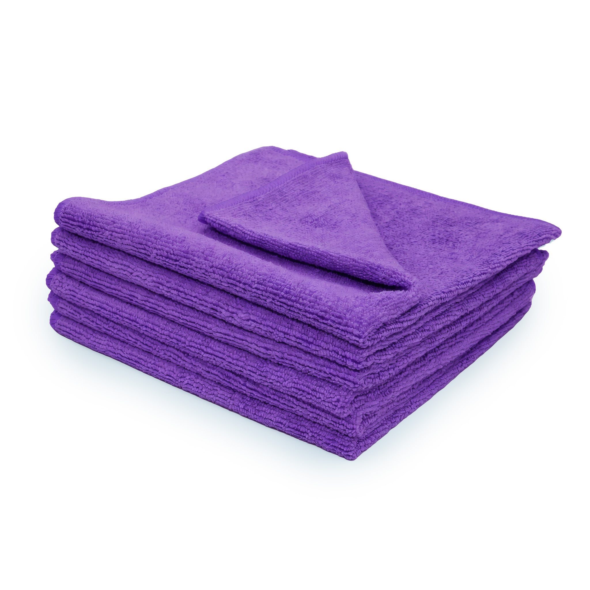 Stack of 6 purple microfiber towels on a white background.