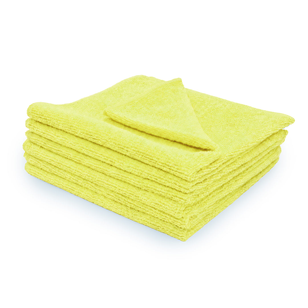 Stack of 6 yellow microfiber towels on a white background.