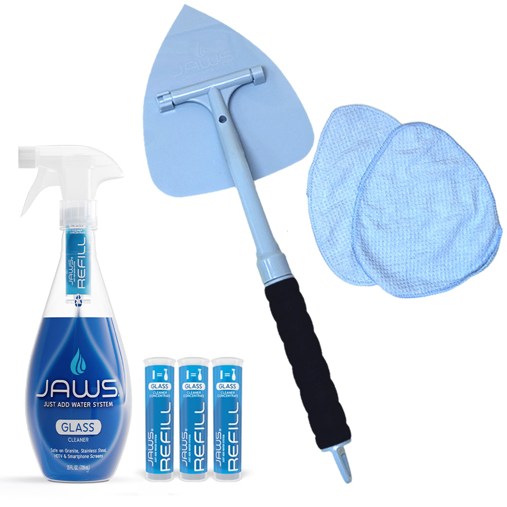 Jaws Glass & Mirror Cleaning System including a full bottle of blue JAWS Glass cleaner, three blue refill pods, JAWS long-handled cleaning tool, and two blue microfiber cleaning cloths on a white background.