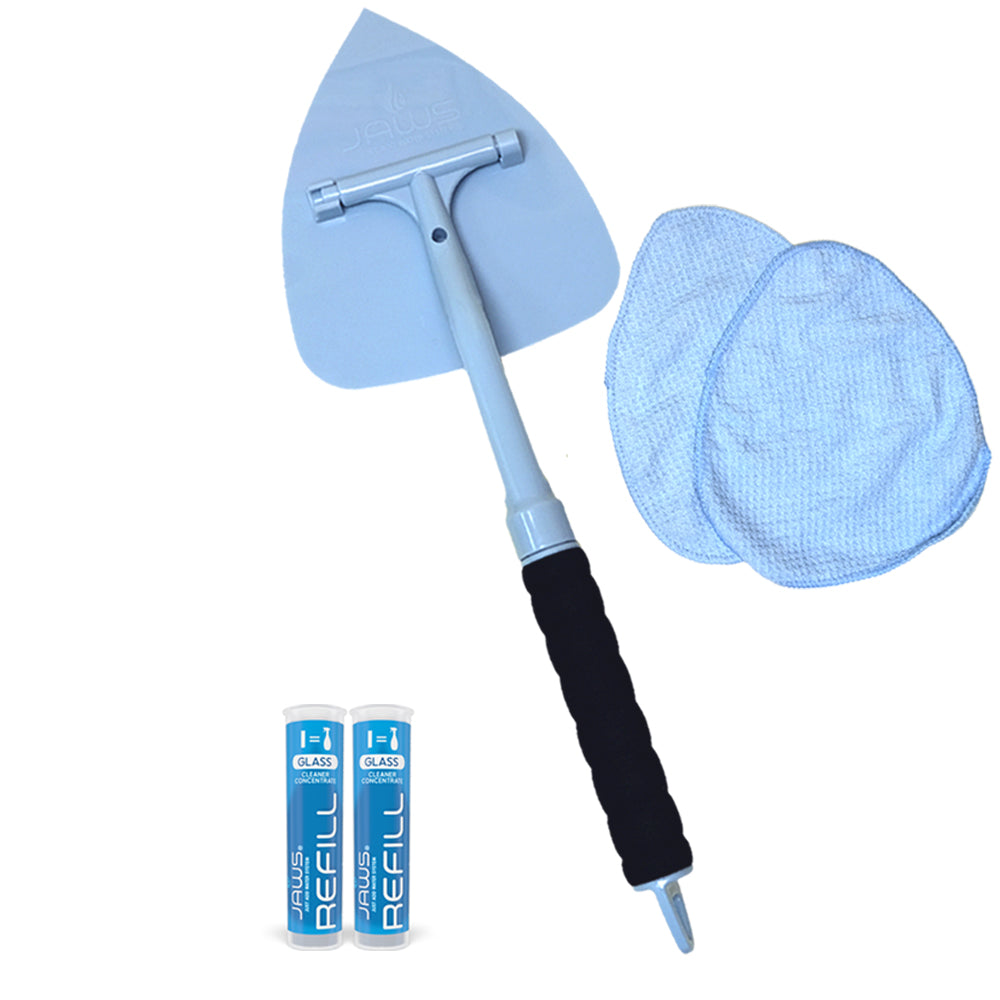 A Glass cleaning wand with a light blue triangular head, black handle grip, and two blue microfiber cleaning cloths, shown on a white background with two blue Glass REFILL pods. 