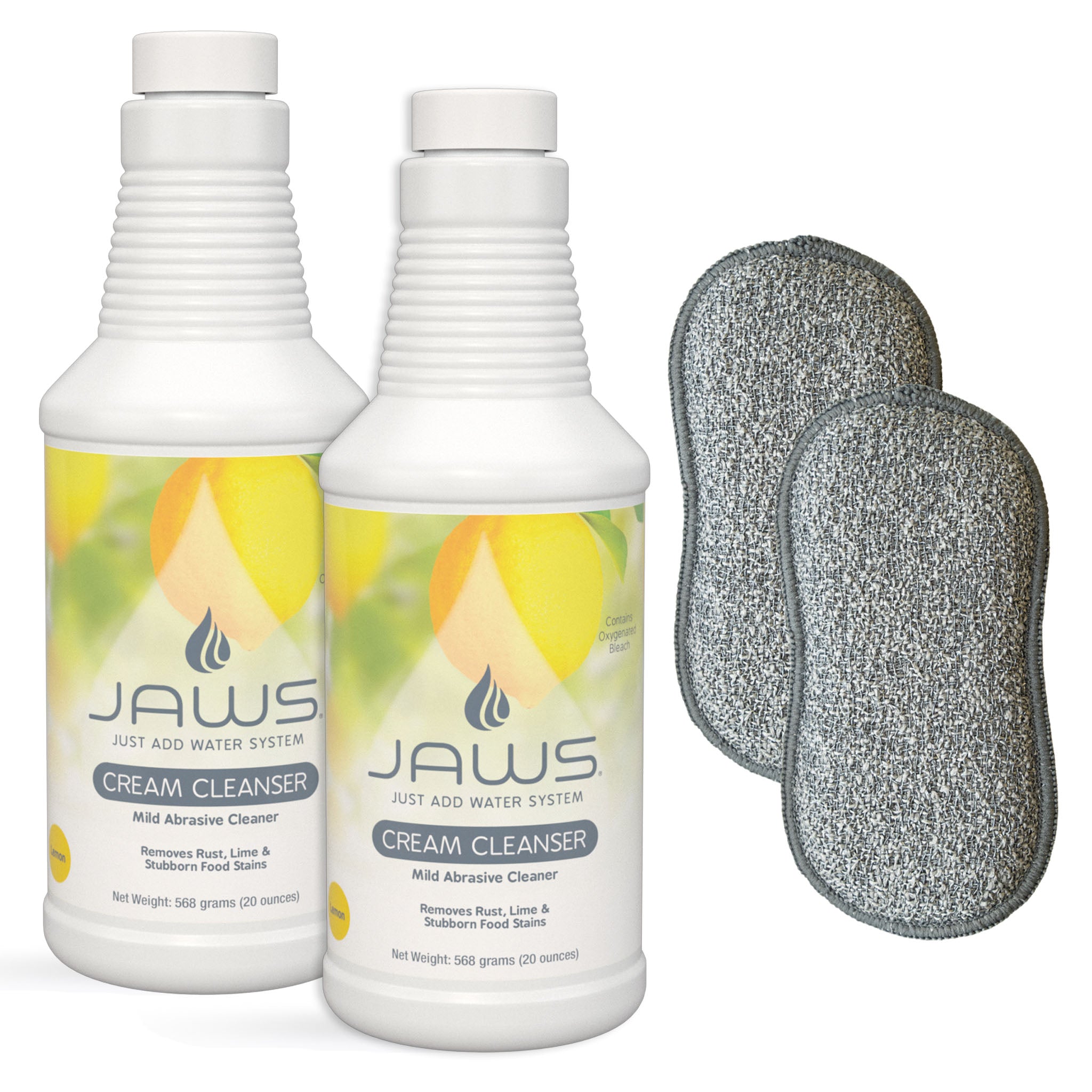 Two bottles of JAWS Cream Cleanser with two scrub pads on a white background