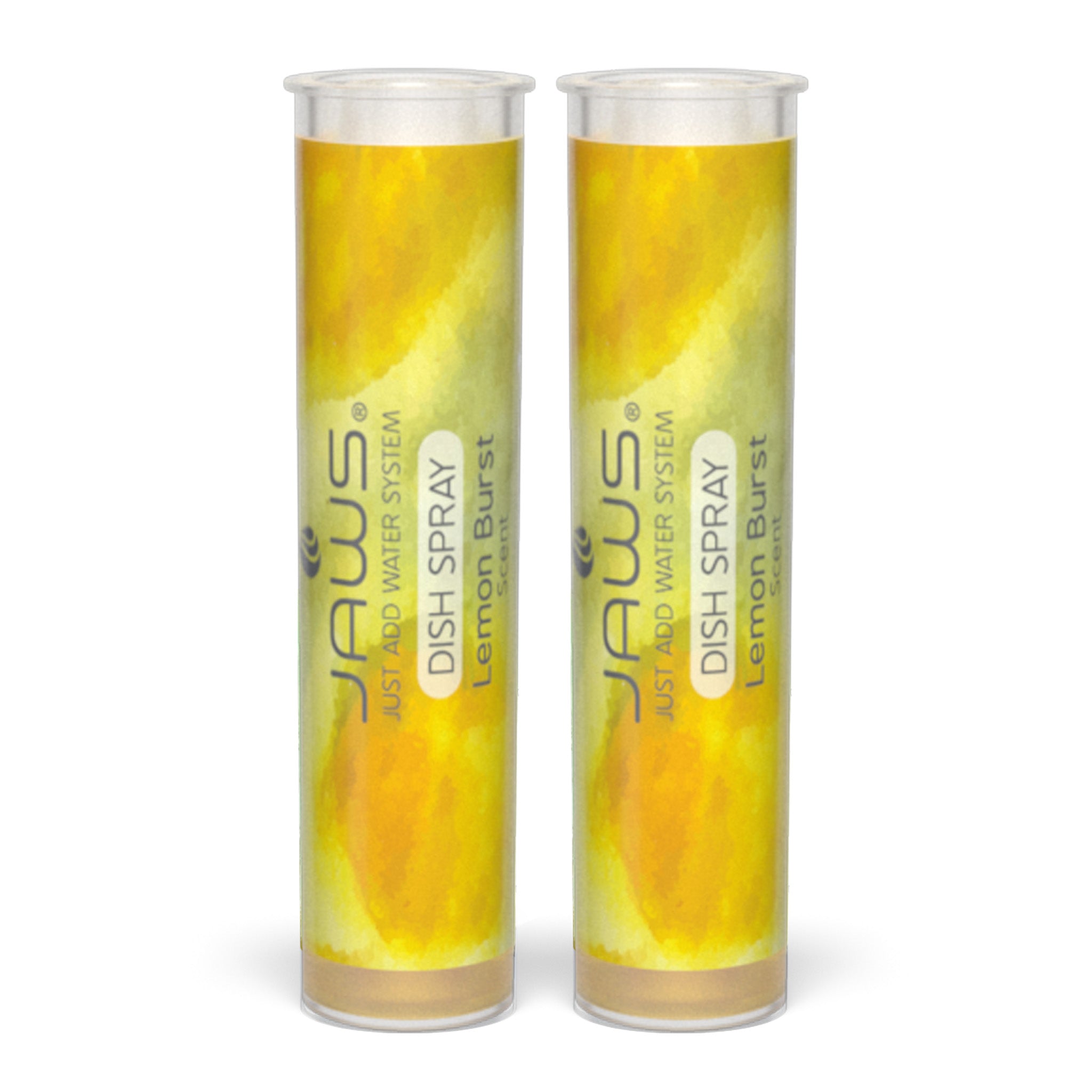 Two yellow and orange JAWS dish spray refill pods with lemon burst fragrance on a white background