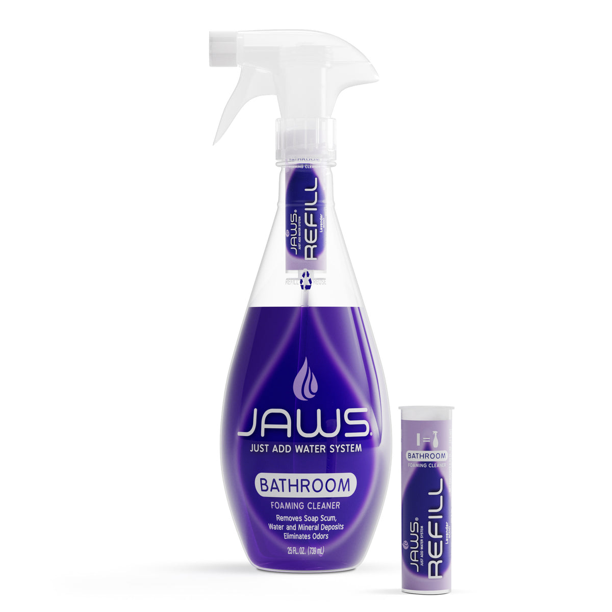 Bottle of JAWS Foaming Bathroom Cleaner and Refill pod on white background