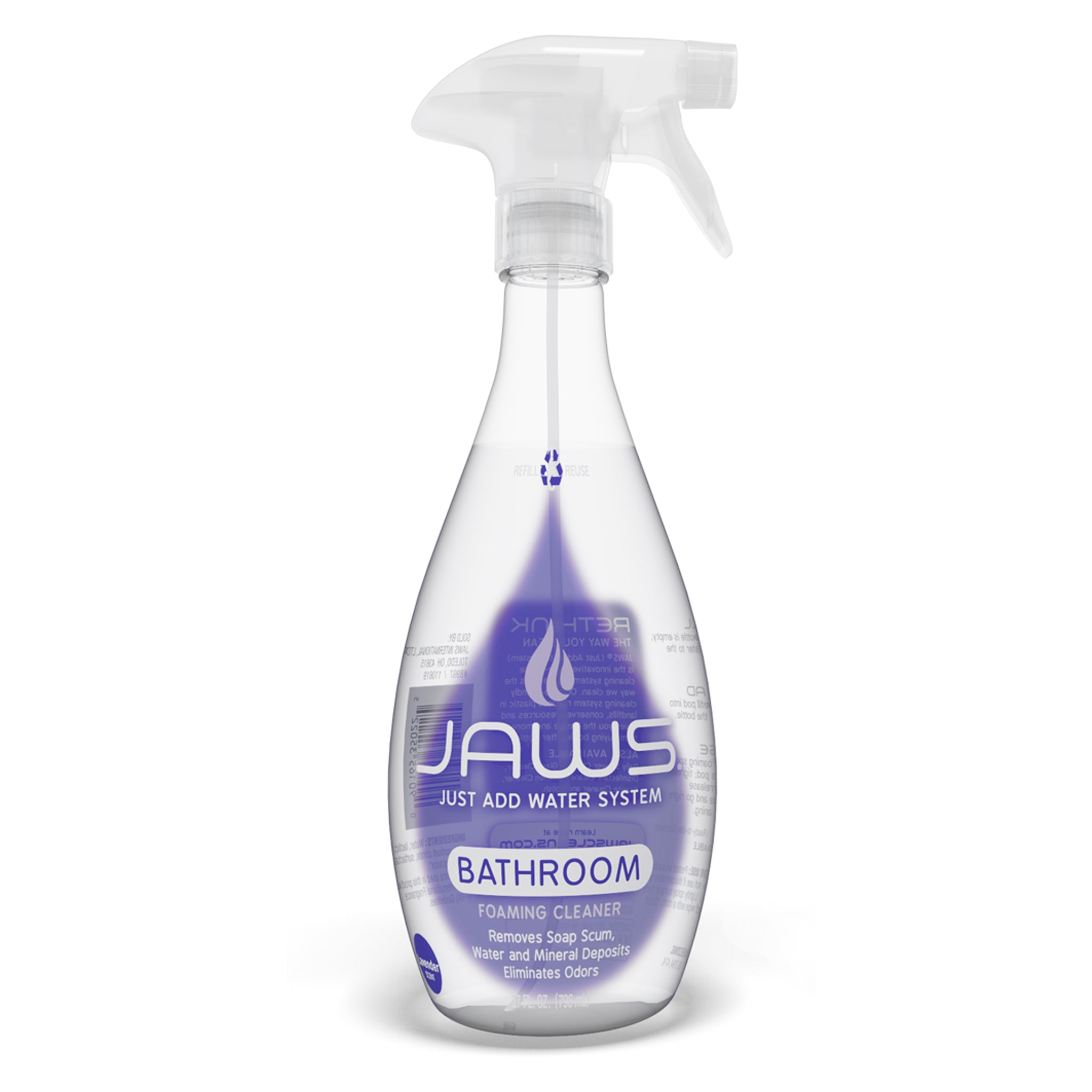 An empty bottle of Jaws Foaming Bathroom Cleaner on a white background. The bottle is clear plastic with a white trigger spray top and features a purple label with the brand name 'JAWS' and 'BATHROOM' printed on it.