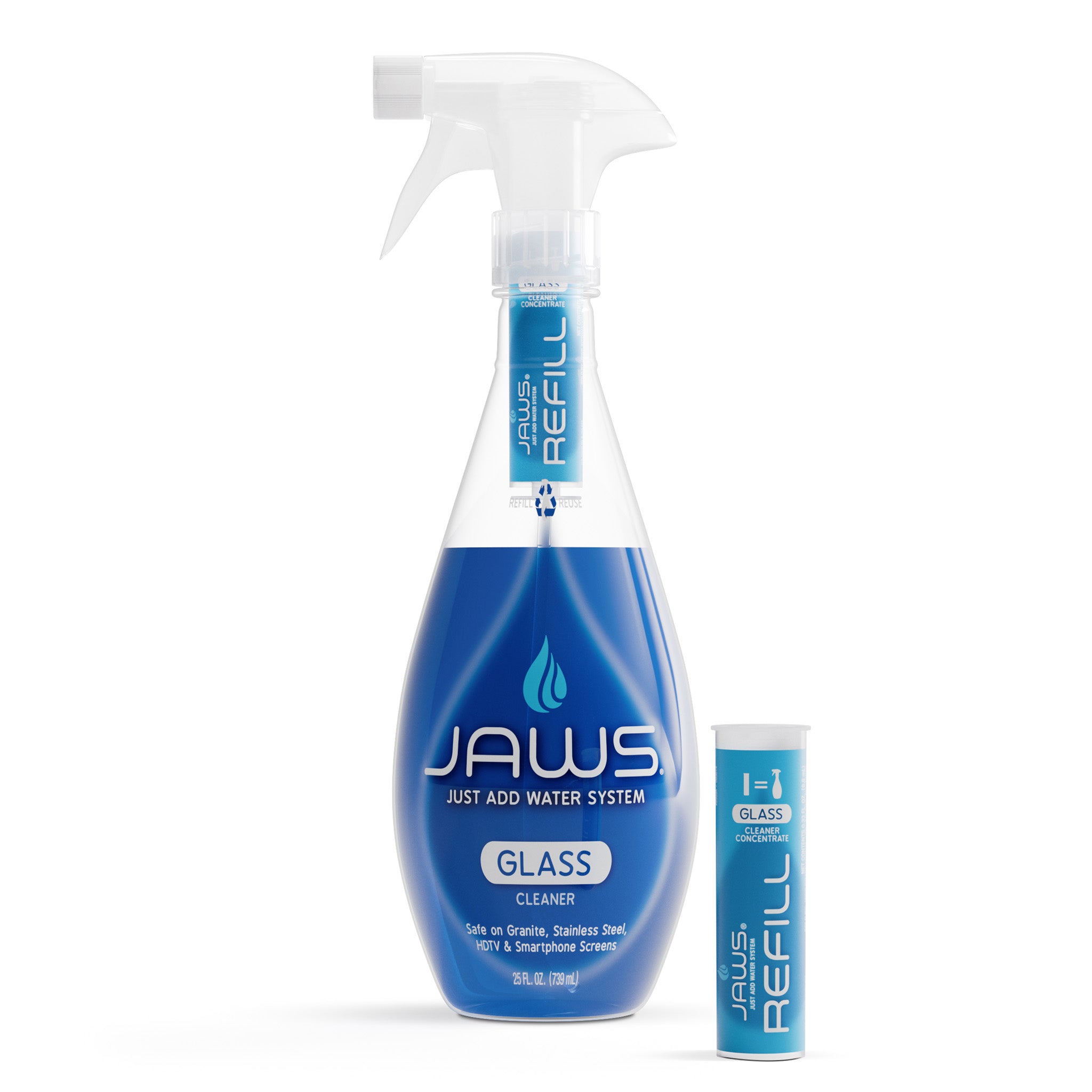 JAWS glass cleaner bottle with a refill pod on a white background