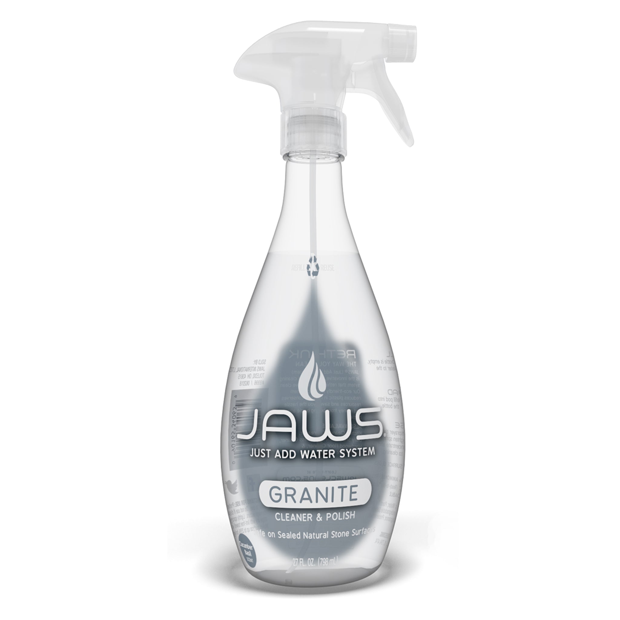 Empty JAWS Granite Cleaner Spray bottle on a white background.
