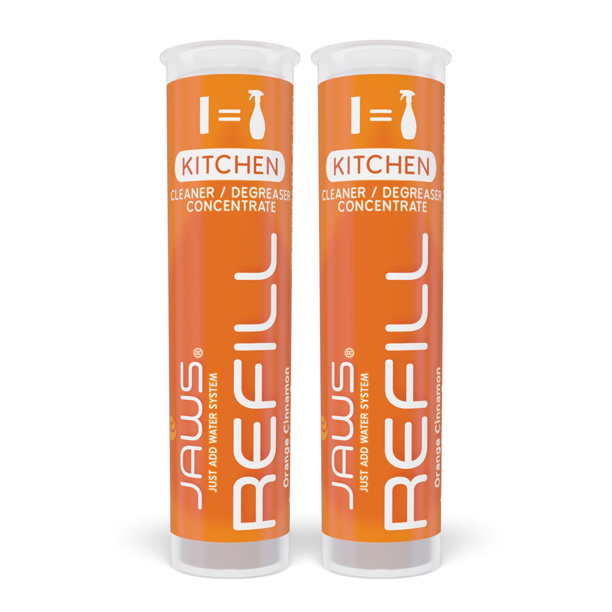 Two orange JAWS kitchen cleaner refill pods on a white background