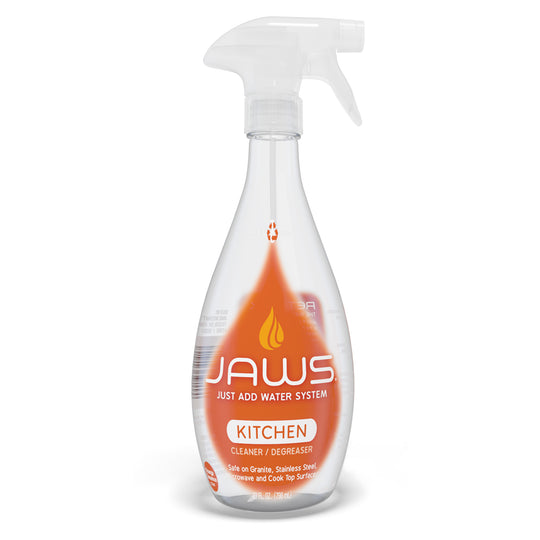 Clear empty JAWS Kitchen Cleaner spray bottle with sprayer.