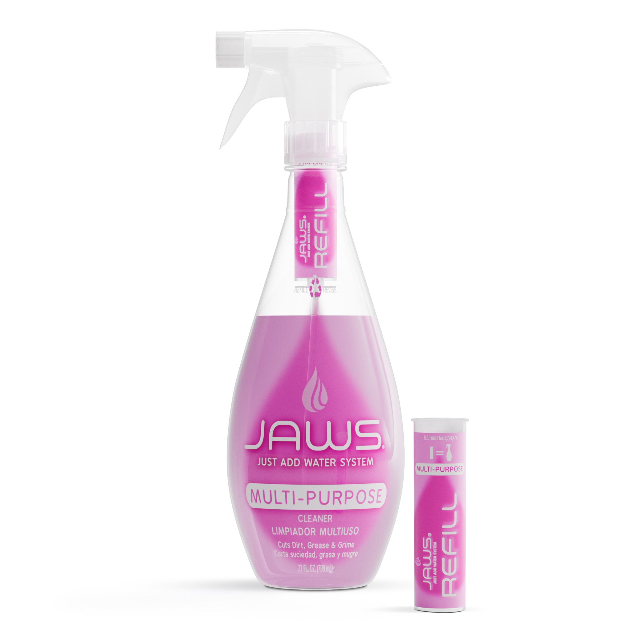 JAWS multi-purpose cleaner bottle with refill pod on a white background