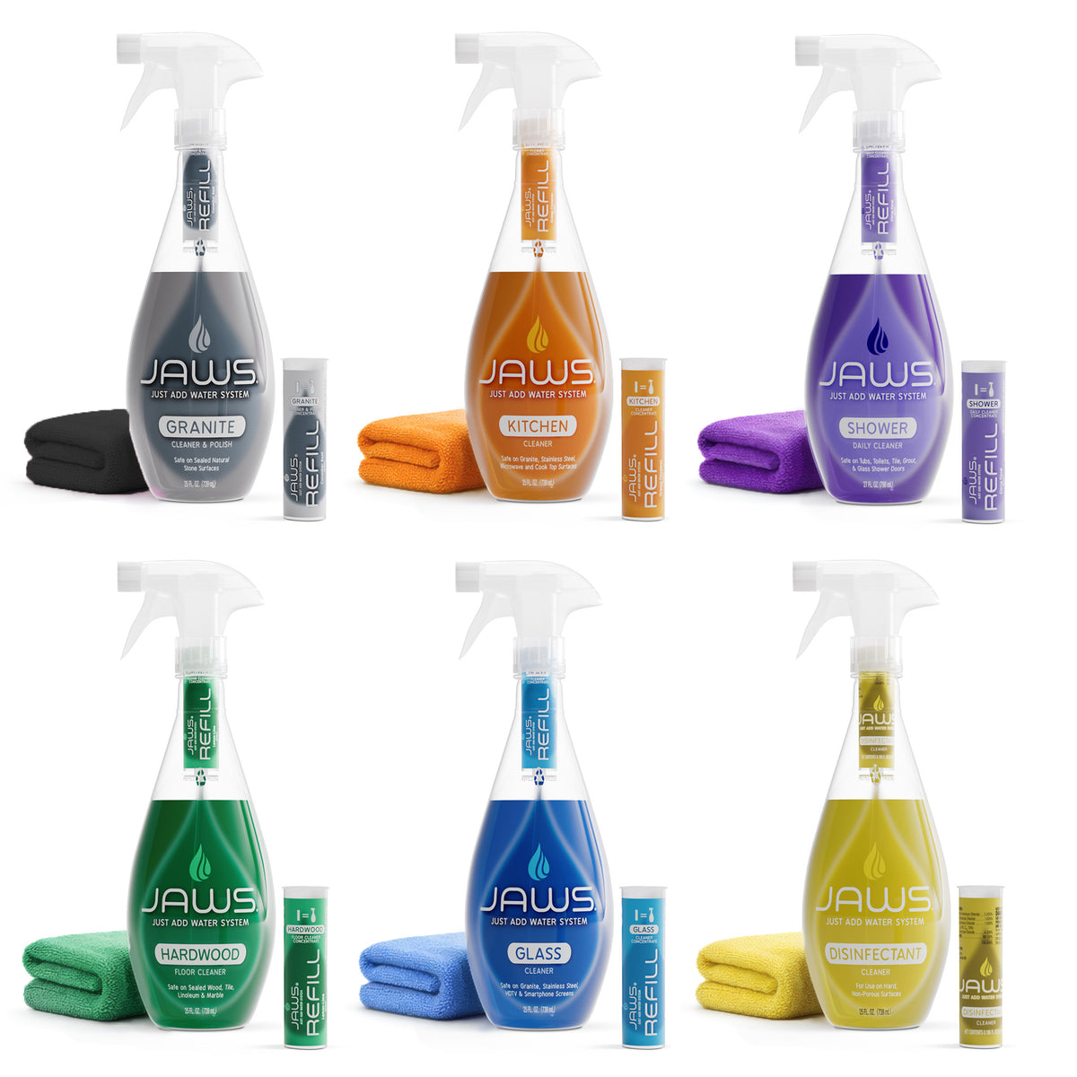 Collection of various bottles of JAWS cleaning products, with JAWS refill next to each bottle and color matching microfiber clothes on a white background.  Includes Granite, Kitchen, Shower, Floor, Glass and Disinfectant cleaners.