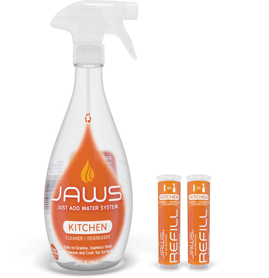 JAWS kitchen cleaner starter kit bottle and 2 refills on white background 