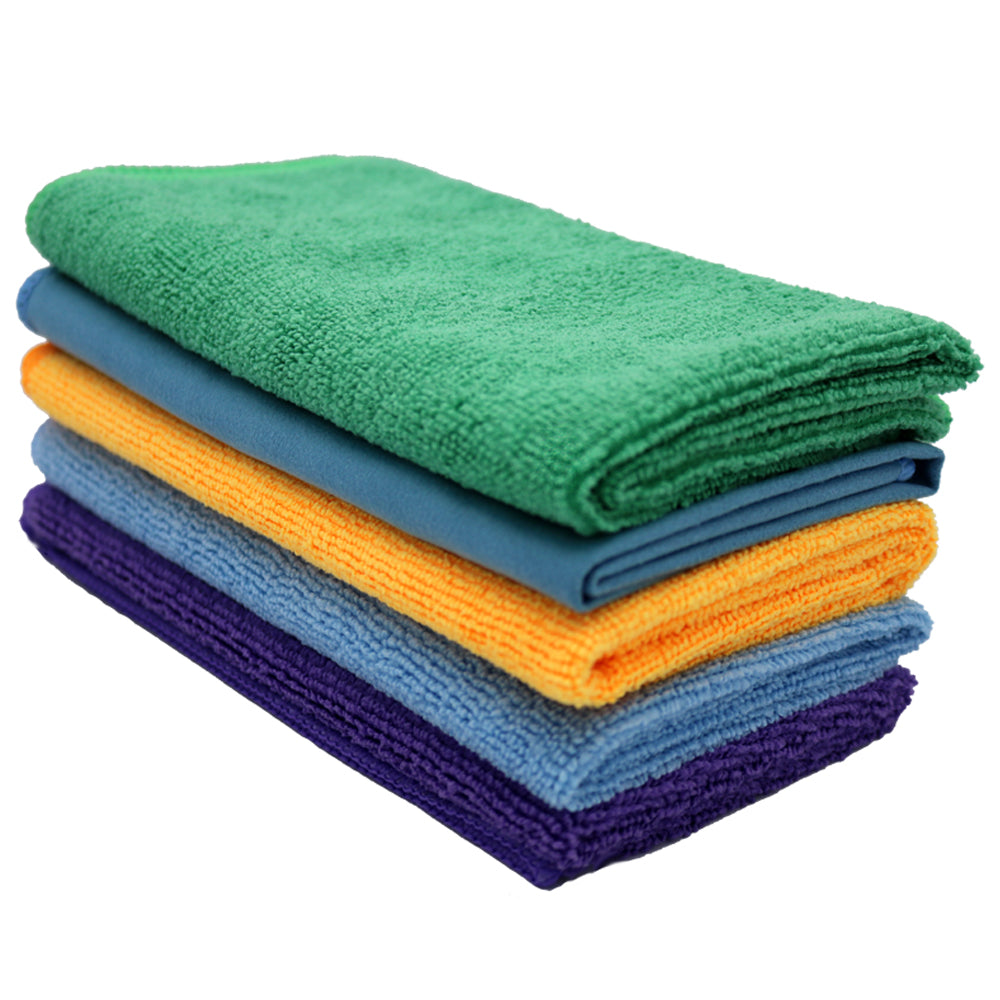 A stack of five folded microfiber cleaning towels in green, blue, orange, light blue and purple, arranged on a plain white background.