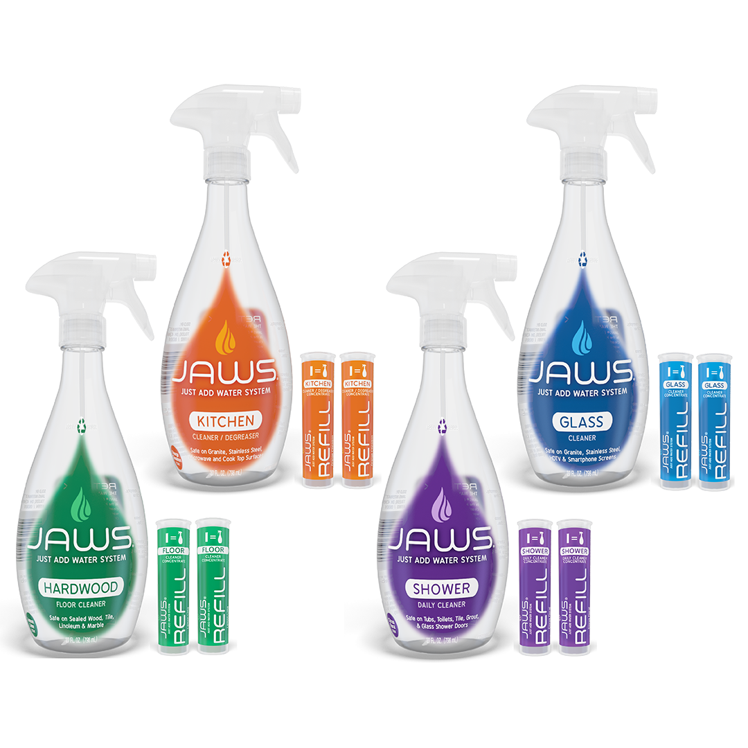 4 JAWS Starter Kits, bottle and 2 refills of each.  (Kitchen, Hardwood Floor, Shower and Glass) on a white background.