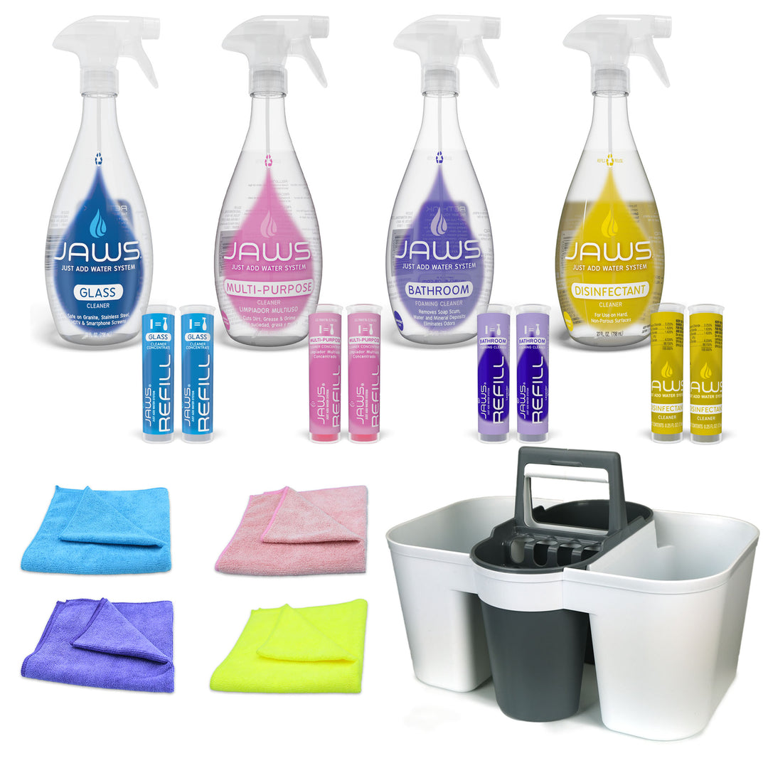 Set of JAWS cleaning products including spray bottles and cloths on a white background