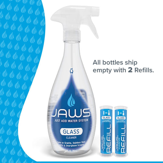 JAWS glass cleaner bottle with two Glass Cleaner refill pods on a white background.  