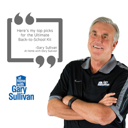 Man in a black shirt with 'At Home with Gary Sullivan' logo, text about back-to-school kit picks