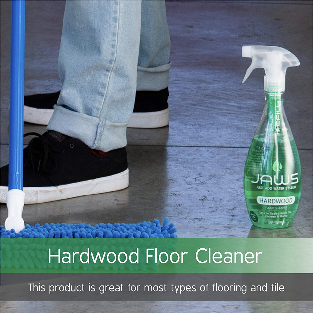 Person mopping floor with JAWS Hardwood Cleaner sitting on floor