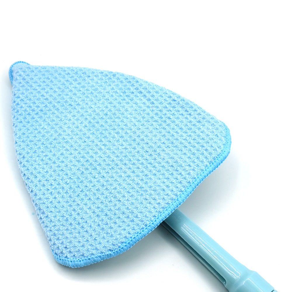 Blue microfiber on head of cleaning wand ib a white background