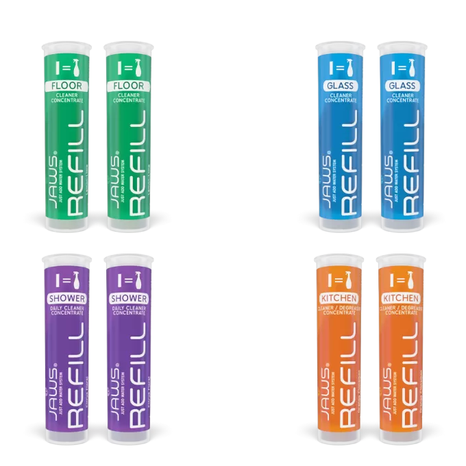 2-packs of JAWS refill pods on a white background (Hardwood Floor, Glass, Shower, Kitchen)