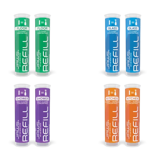 2-packs of JAWS refill pods on a white background (Hardwood Floor, Glass, Shower, Kitchen)