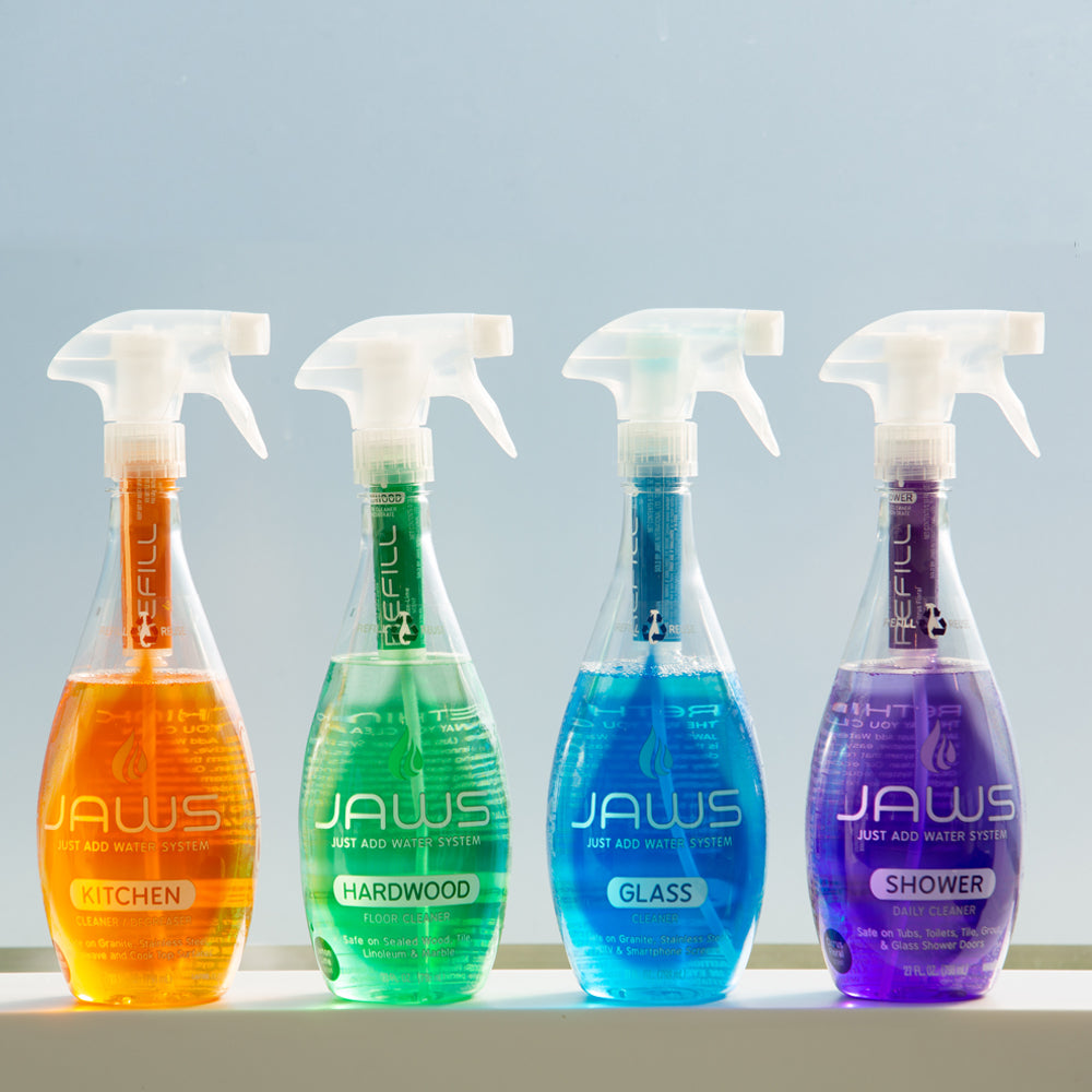 4 JAWS Spray bottles on ledge (Kitchen, Hardwood, Glass, Shower)