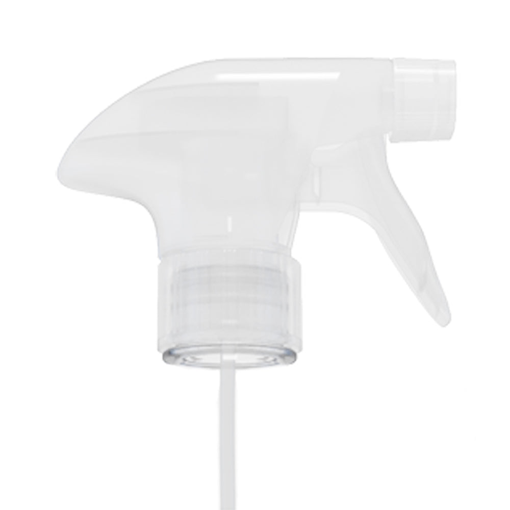 A clear plastic trigger sprayer head with a matching clear tube, isolated on a white background.