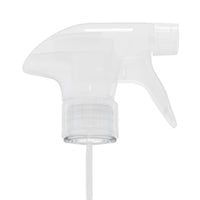 A clear plastic trigger sprayer head with a matching clear tube, isolated on a white background.