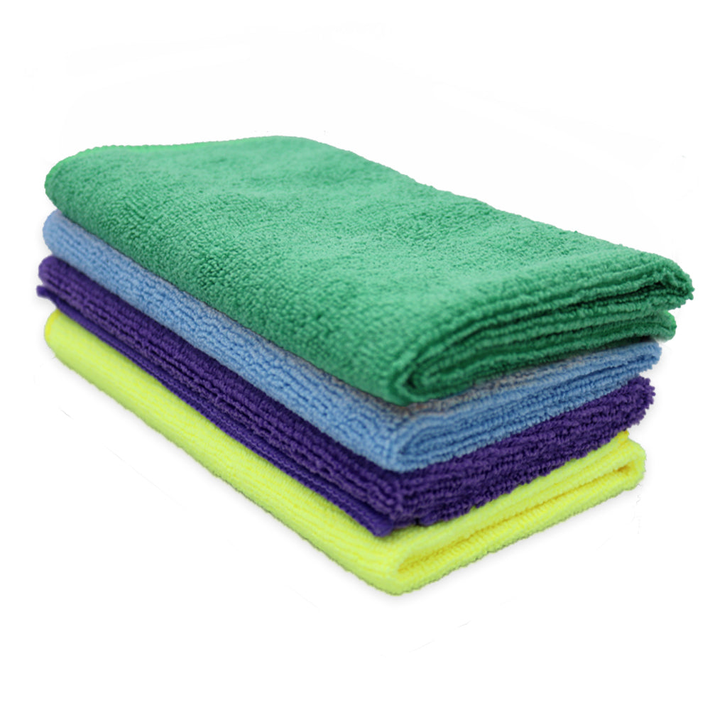 A stack of four folded microfiber cleaning towels in green, light blue, purple, and yellow, shown on a plain white background.