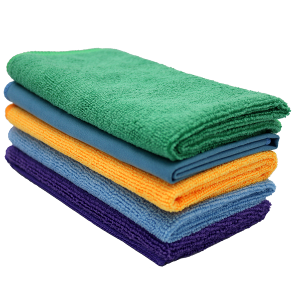 stack of 5 microfiber towels - green, orange, blue purple and blue polishing cloth
