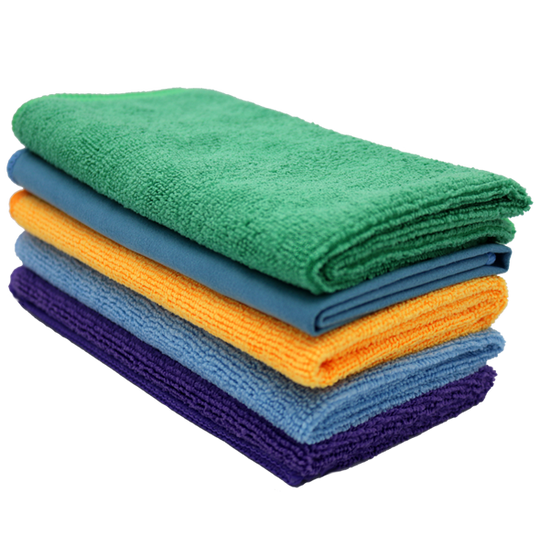 stack of 5 microfiber towels - green, orange, blue purple and blue polishing cloth