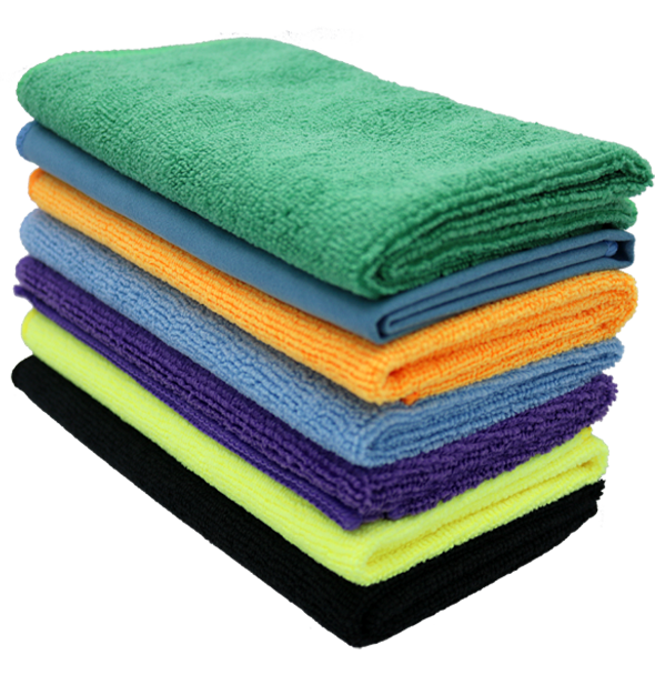 stack of 7 microfiber towels (green, orange, blue, purple, yellow, black and blue polishing cloth)