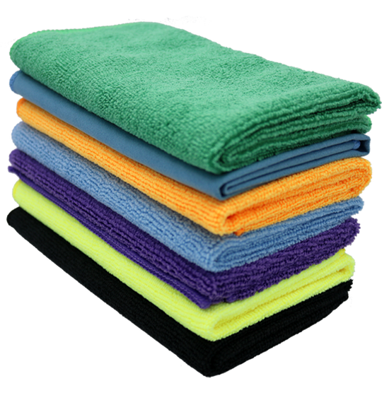 stack of 7 microfiber towels (green, orange, blue, purple, yellow, black and blue polishing cloth)